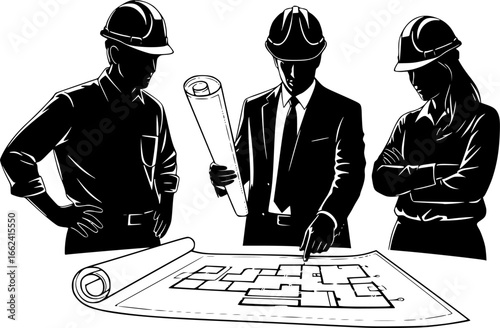 Three silhouettes of architects in hard hats reviewing blueprints and holding rolled plans on white background | editable eps vectors