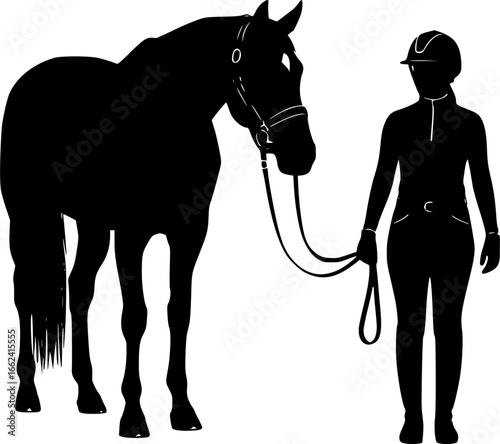 Silhouette of a horse standing next to a person in riding gear holding the horse's lead rope gently