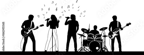 Silhouette illustration of band members playing instruments and singing on stage in black and white color |eps vectors