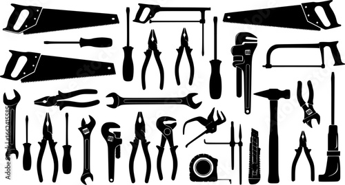 A collection of various hand tools including wrenches pliers saws screwdrivers and hammers in black silhouette | editable eps vectors