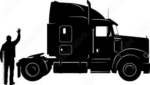 Silhouette of a truck with a person standing next to it waving his hand in a black and white image | editable eps vectors