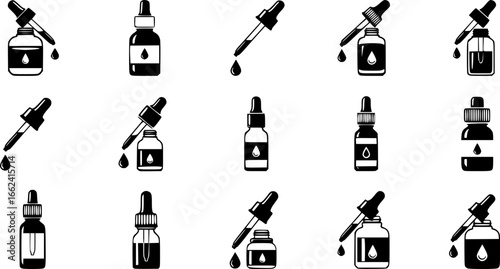 set of Oil dropper bottle icon vector silhouette illustration isolated on white background