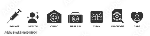 Comprehensive Health Care Icons set vector illustration with Syringe, Health, Clinic, First aid, X ray,  Diagnosis, Care