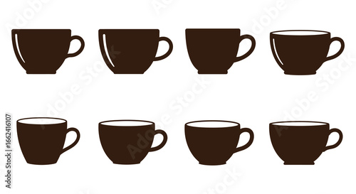 A collection of brown coffee mugs on a white background in simple silhouette style