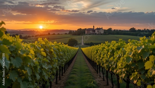 Bordeaux vineyards – rows of grapevines with sunset over winery