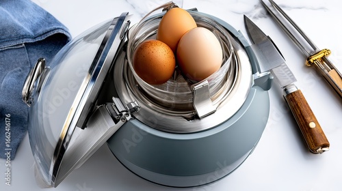 Wallpaper Mural Kitchen countertop egg cooker, three eggs inside, open lid, knives nearby Torontodigital.ca