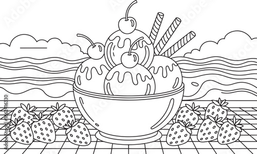 Delicious Ice Cream Bowl with Cherries and Strawberries Summer Dessert Vector Illustration, Sweet Ice Cream Sundae with Wafers and Strawberries