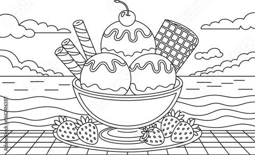 Delicious Ice Cream Bowl with Cherries and Strawberries Summer Dessert Vector Illustration, Sweet Ice Cream Sundae with Wafers and Strawberries