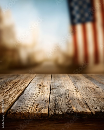 Rustic Wooden Table with Blurred Cityscape and American Flag
