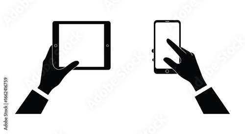Hands holding a tablet and a smartphone with blank screens