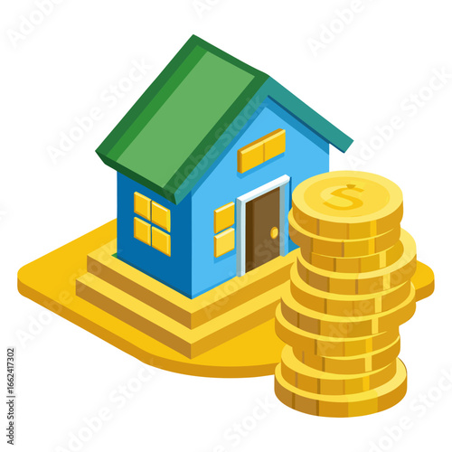 Isometric blue house with green roof next to a stack of gold coins, symbolizing home finance, property investment, or real estate wealth.