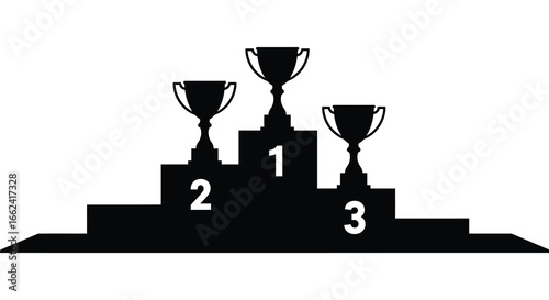 Three trophies on a podium with numbers one two and three