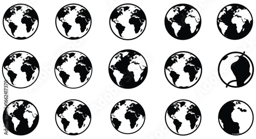Multiple black and white earth globe illustrations in various rotated positions