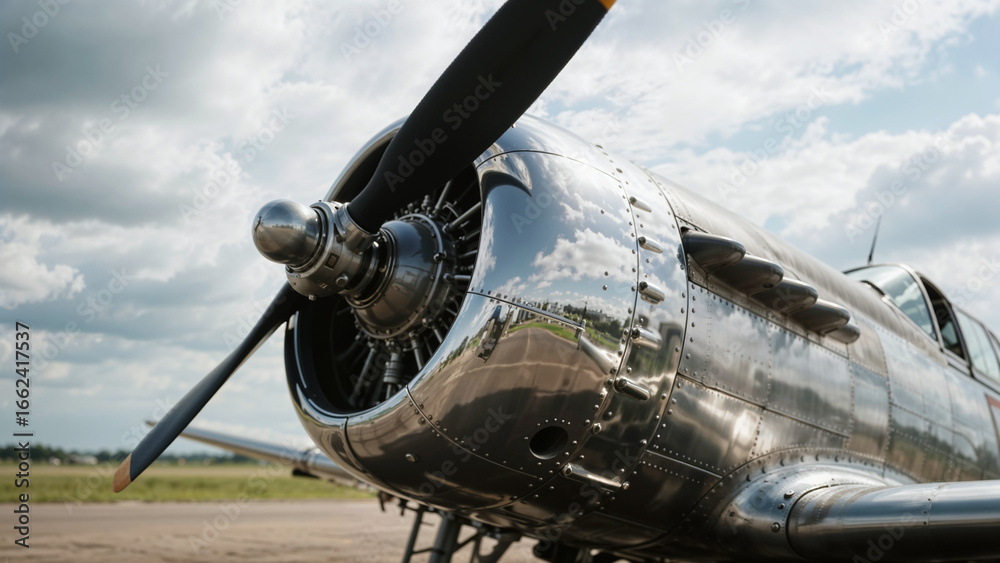 Fototapeta premium Close-up Vintage Airplane Propeller Engine Blue Sky Clouds