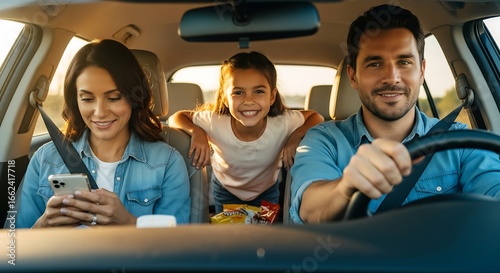 Happy family – mom, dad, and daughter – enjoying a road trip. Mom uses her phone, dad drives, and daughter sits between them, smiling. Sunlit car interior.