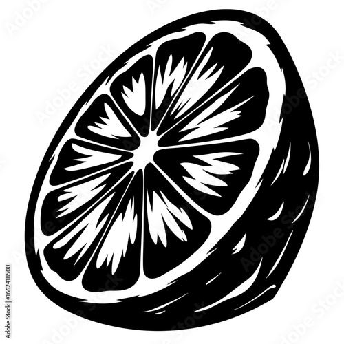 Stylized monochrome citrus slice illustration showing the juicy segmented interior