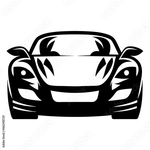 Stylized frontal view of a futuristic sports car rendered in black ink