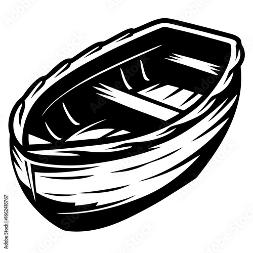 Stylized monochromatic rowboat or dinghy illustration featuring a bold outline and shadows