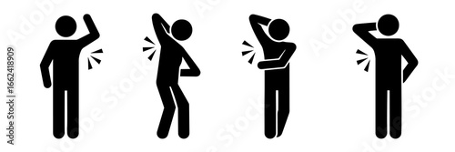 Set of stickman silhouette icons showing body pain in armpit, chest, and side. Vector flat style pictogram for medical, health care, illness, muscle injury, anatomy and hospital design.