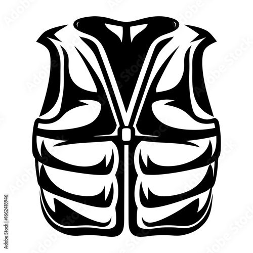 Stylized Black and White Illustration of a Fishing Vest with Multiple Pockets