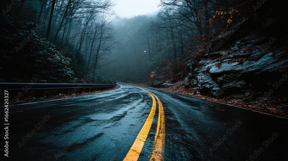 Fototapeta premium Winding Road Through Misty Forest