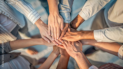 Company culture and values articulating concept. Diverse group of hands together symbolizing unity and collaboration.