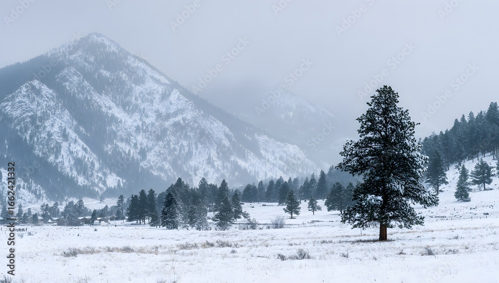Obraz premium Snow covered mountain landscape with pine trees under cloudy sky