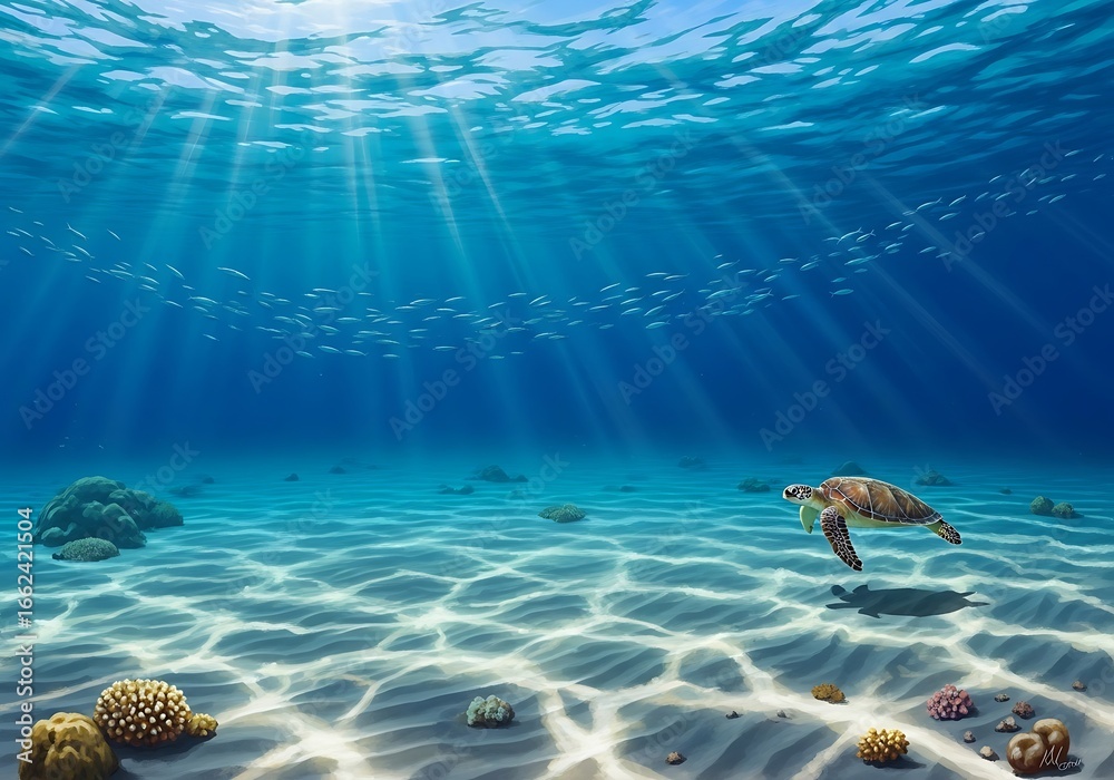 Fototapeta premium Sunlight streams through tropical ocean waters illuminating sandy seabed