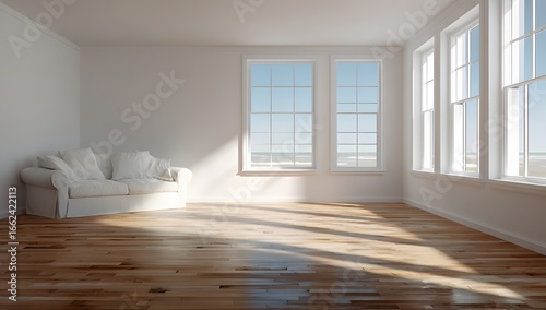 Wallpaper Mural Minimalist living room interior with large windows, wooden floor, and white sofa Torontodigital.ca