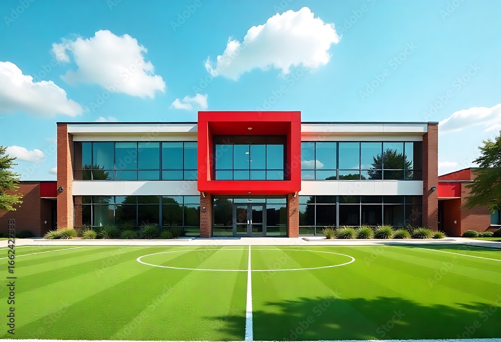 Fototapeta premium Modern school building with brick facade and glass windows, featuring sports field, playground, and athletic facilities under blue sky, symbolizing education, learning, architecture, and communit.