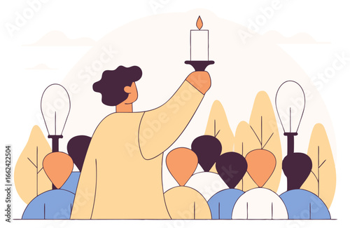 A person holds a lit candle aloft in front of a group with extinguished lightbulbs, symbolizing leadership, guidance, or a new idea illuminating the way.
