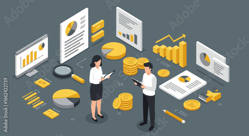 An isometric illustration of market analysis. A man and woman is standing and holding a tablet while surrounded by business-related icons