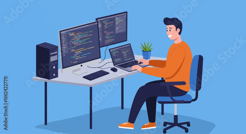 An illustration of a programmer working at a desk with a desktop computer and a laptop