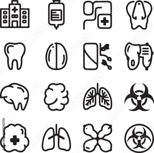 Medical icons hospital intravenous drip anatomical organs and biohazard symbols