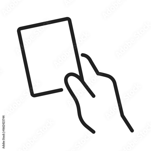Referee card line icon. Hand holding penalty card. Thin line isolated design. Editable stroke.