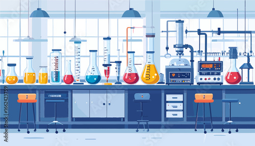 Flat vector set of science measuring instruments including laboratory glassware, digital balance, pipette, and burette isolated on white background.