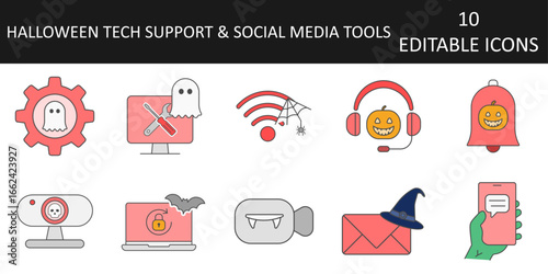 Halloween Tech Support & Halloween Social Media Tools icon sheet. Spooky computer repair, ghostly chat, pumpkin hotline, and horror-themed social media tech symbols for seasonal designs.