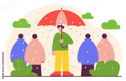 A person holding an umbrella protects a group from the rain, symbolizing support, protection, leadership, or insurance.