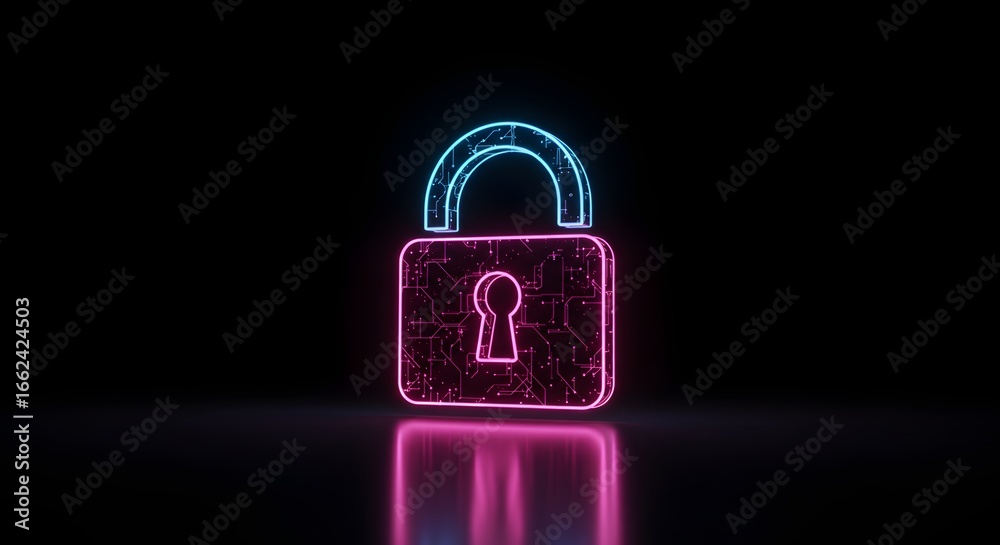 Fototapeta premium Cybersecurity Lock Digital Protection with Neon Glow