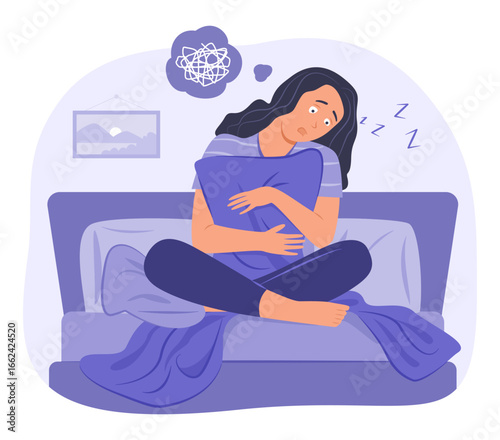Insomnia Woman Hugging Pillow and Sitting in Bed with Stress and Confused Feeling for Sleepless and Mental Health Concept Illustration