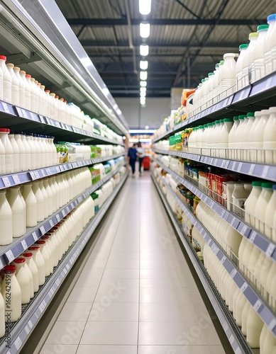 Supermarket aisle with milk products