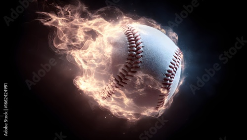 Baseball engulfed in flames on dark background symbolizing power and speed