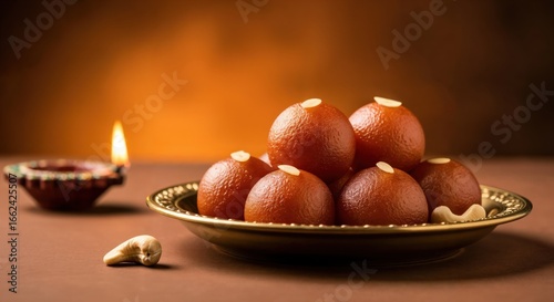Gulab Jamun, a traditional Indian sweet dessert, served in a brass plate with a lit diya lamp for the Diwali festival celebration.