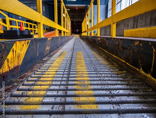 Perspective view reveals a worn industrial conveyor belt with yellow safety markings and side rails.