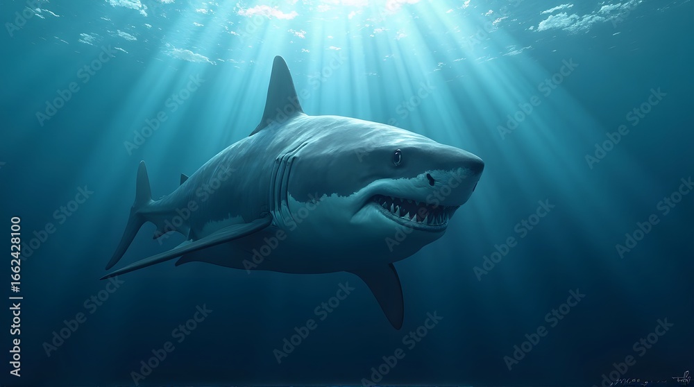 Fototapeta premium Magnificent Great White Shark Glides Through Sunlit Ocean Depths A Captivating Glimpse Beneath the Waves with Jaws Aglow