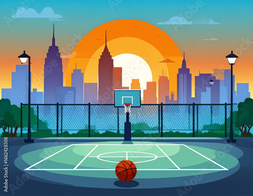 urban basketball court at sunset, 2D vector art