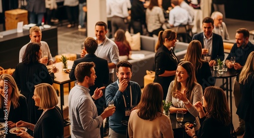 A high-angle shot of a lively networking event. Professionally dressed people converse and mingle in a spacious, dimly lit venue. Drinks and appetizers are present.