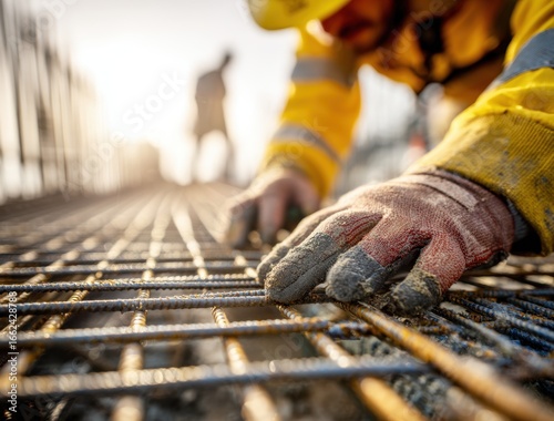 Close-up of construction worker's hands installing steel reinforcement bars on building site