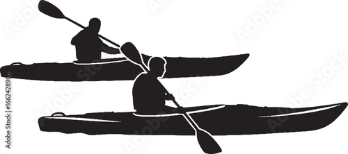 Two Kayakers Silhouettes Paddling on Water Vector Icon