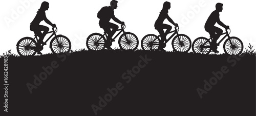 Silhouettes of Cyclists Riding Bicycles on a Grassy Hill Landscape Vector